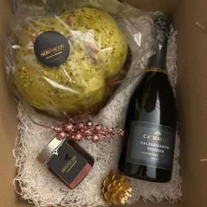 Cesta Natalizia c/Panettone Artigianale, Crema Spalmabile e Bottiglia di Prosecco Valdobbiadene